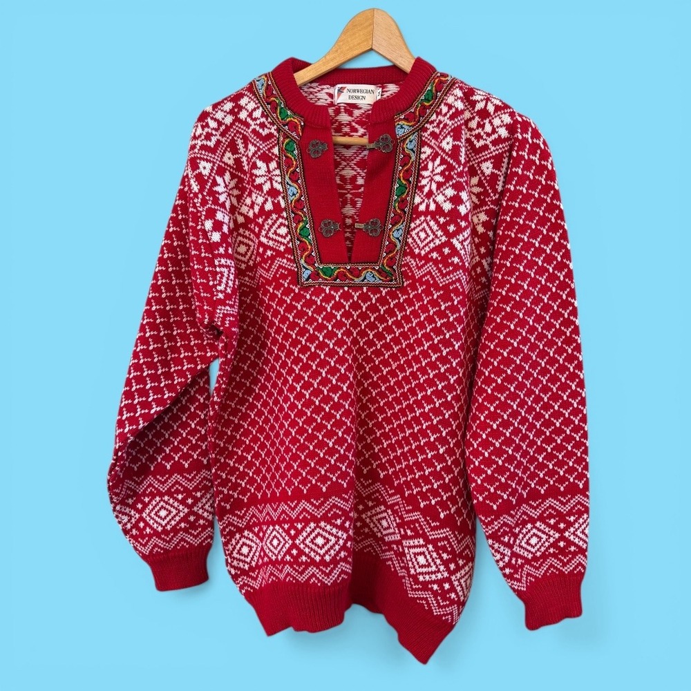 Men Norwegian‎ Design Red/White Fair Isle Wool Nordic Sweater M (Clasp Issues)